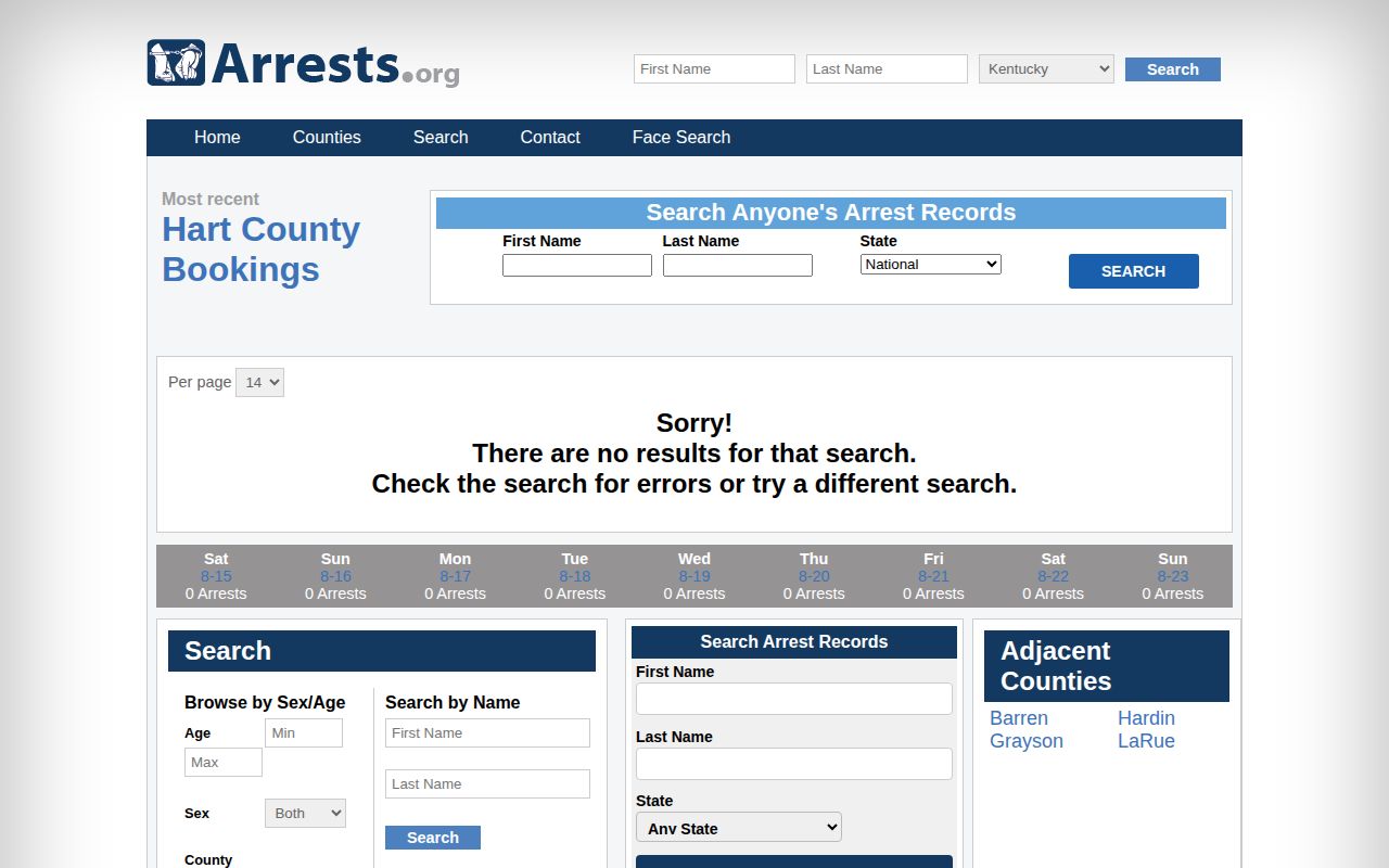 Unofficial Hart County arrest archive with legacy Bonnieville record filter