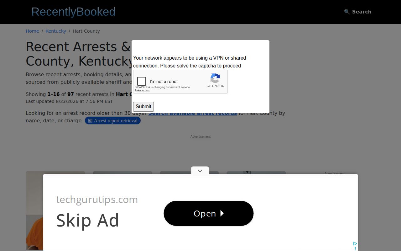 Unofficial RecentlyBooked Hart County arrest feed interface