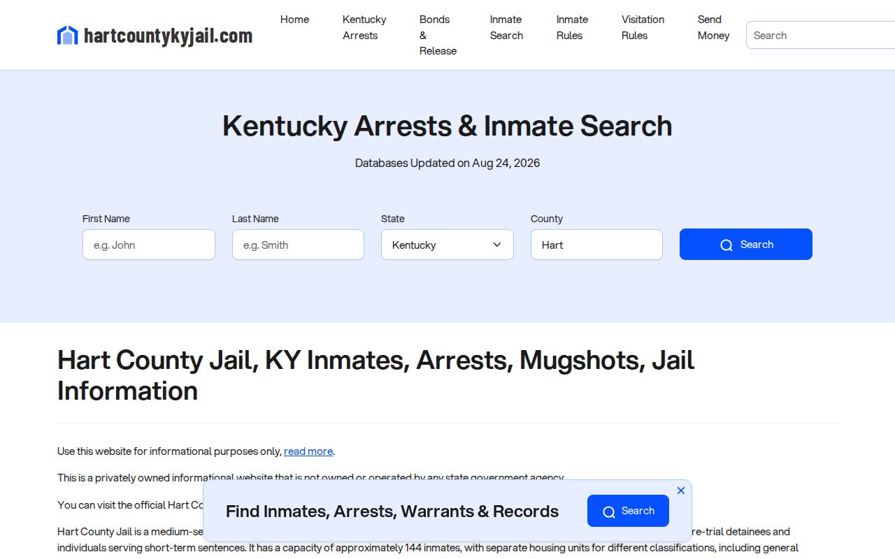 Hart County Jail official roster access page for busted booking records
